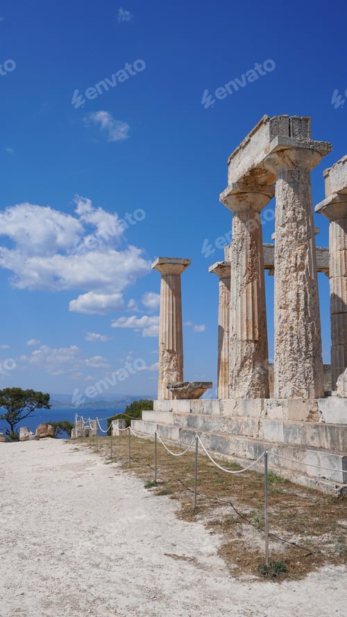 Preview: Photo From Iconic Temple Of Aphaia With Veiws To Saronic Gulf In Island Of Aegina At Sunny Spring