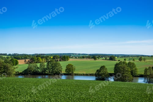 Preview: Green Field, River And Blue Sky