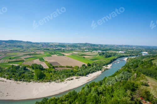 Preview: Tanaro River View. Vineyards From Langhe Region,Italy Agriculture. Unesco World Heritage Site