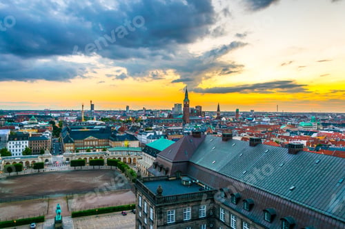 Preview: Aerial View Of The Christiansborg Slot Palace With Equestrian Statue Of Christian Ix In Copenhagen
