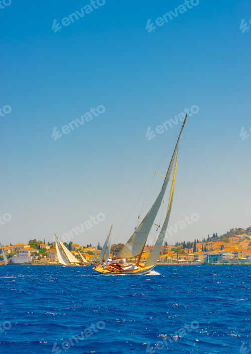 Preview: Classic Wooden Sailing Boat In A Race, Spetses Island In Greece
