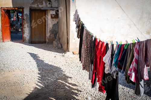Preview: Laundry Hanging On A Rope And Drying Outdoor In The Clean Air Saving The Environment.