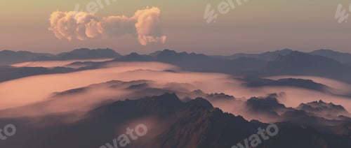 Preview: Mountains In Fog With Cloudy Sky At Sunrise.