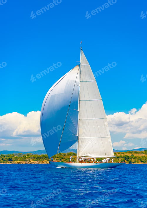 Preview: Classic Wooden Sailing Boat In A Race, Spetses Island In Greece