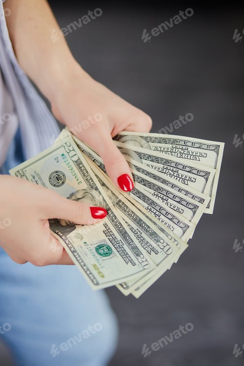 Preview: Woman Hold Money Dollars In Hand. Concept Of Happiness, Success.
