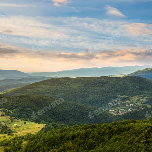 Preview: Summer Landscape. Village On The Hillside. Forest On The Mountain Light Fall On Clearing On