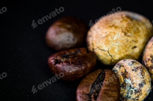 Preview: Brown Roasted Coffee And Cocoa Beans On Black Background, Close Up, Macro