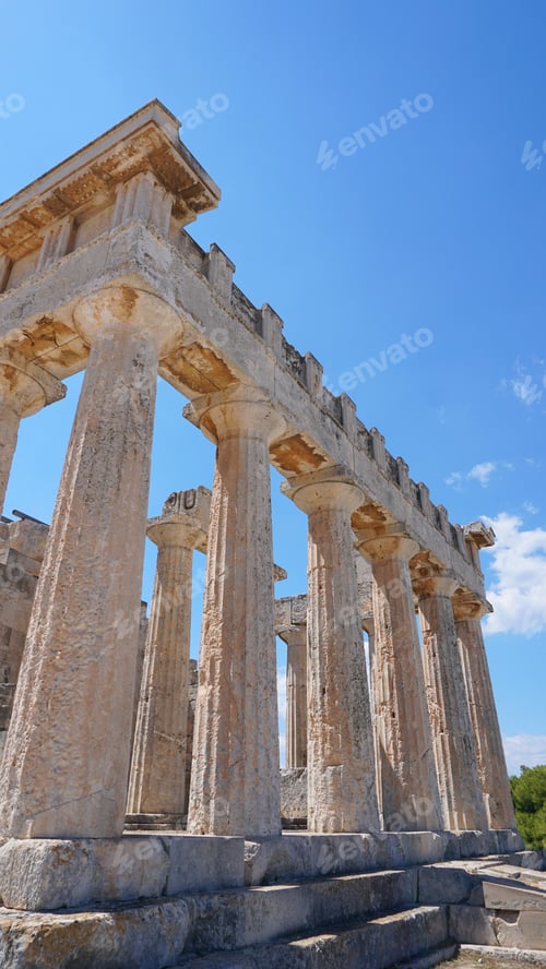 Preview: Photo From Iconic Temple Of Aphaia With Veiws To Saronic Gulf In Island Of Aegina At Sunny Spring