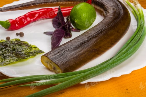 Preview: Smoked Garfish With Lime, Basil, Green Onions, Chili, Nori Chips, Spices, Olive Oil In A White