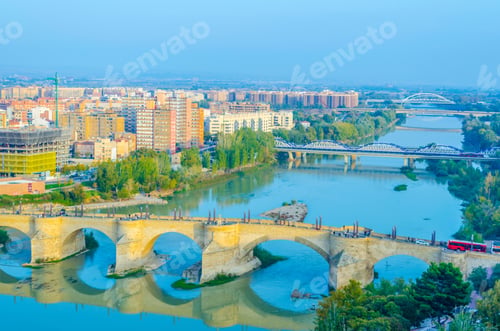 Preview: Aerial View Of The Puente De Piedra And Puente De Pilar In The Spanish City Zaragoza