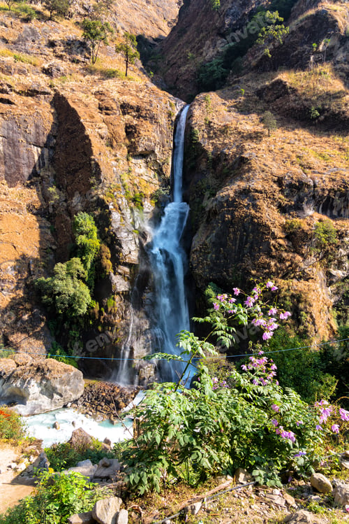 Preview: A Waterfall Spotted In Tal, Annapurna Circuit Trek, Nepal. Few Hundred Meters Of Free Fall