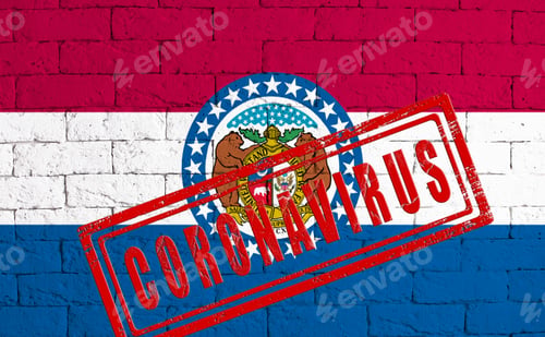 Preview: Flag Of The State Of Missouri Painted On Grungy Brick Wall Background. With Stamp Coronavirus, Idea