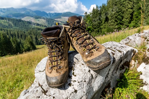 Preview: Pair Hikers Boots On Stone Among Mountain Meadow