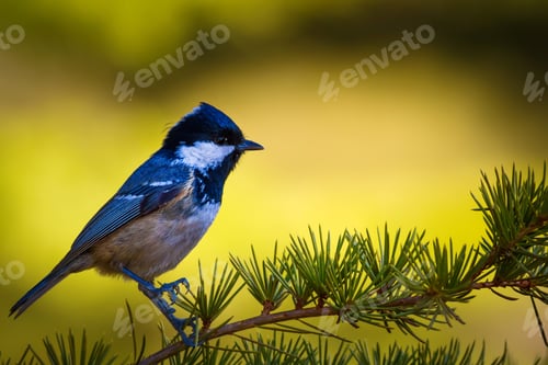Preview: Forest And Cute Bird. Nature Background. Bird: Coal Tit. Periparus Ater.