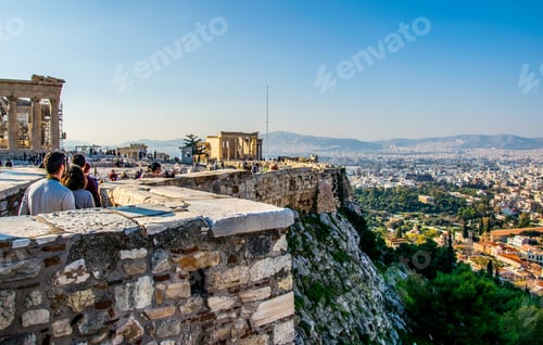 Preview: People Are Admiring Panorama Of Athens From The Akropolis Monument.