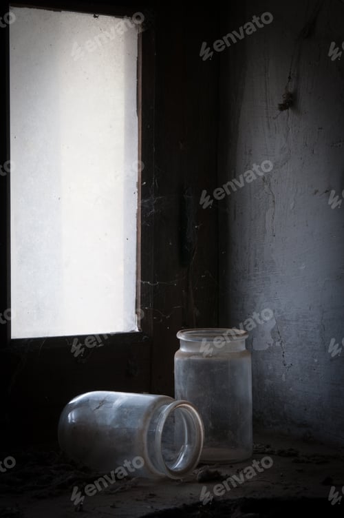 Preview: Old Dusty Empty Bottles In An Open Window And Bright Light Sunlight. Abandoned Places