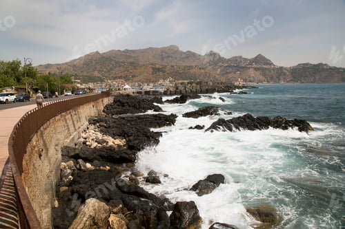 Preview: Sunny Mediterranean Facilities On The Beach With Terraces, Armchairs And Tables, Pedestrian
