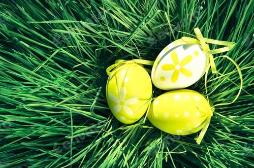 Preview: Yellow And White Easter Eggs With Dots Over Green Grass