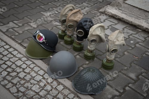 Preview: Metal Soldier Helmets And Chemical Protection Masks. Soldier Equipment, Safety From Radiation And
