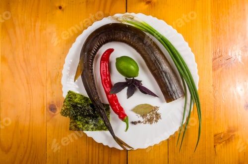 Preview: Smoked Garfish With Lime, Basil, Green Onions, Chili, Nori Chips, Spices, Olive Oil In A White
