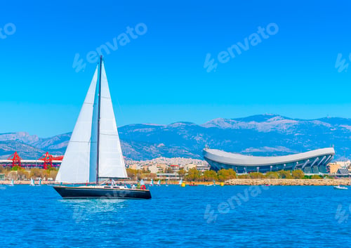 Preview: Sailing Boat During A Regatta At Palaio Faliro Gulf In Athens Greece