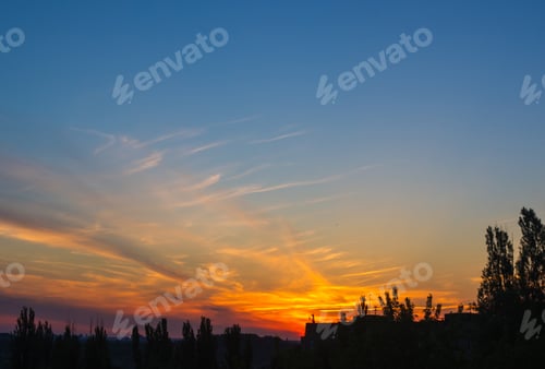 Preview: Landscape With Dramatic Light - Orange Clouds And The Outline Of Trees At Sunrise