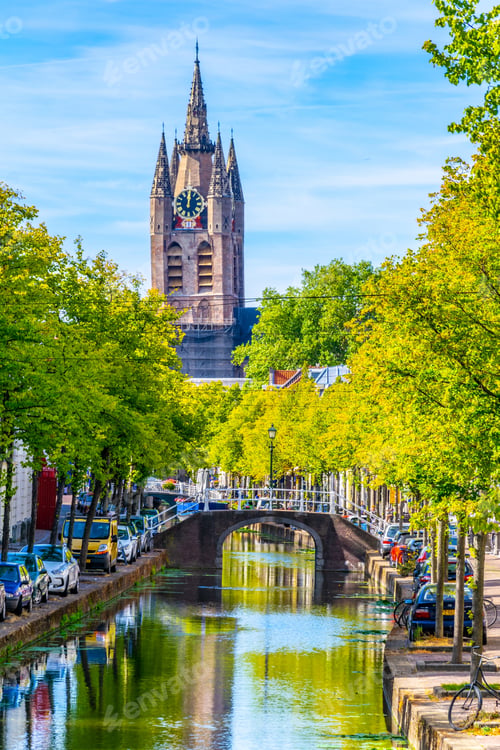 Preview: Oude Kerk Church Viewed Behind A Channel In Delft, Netherlands