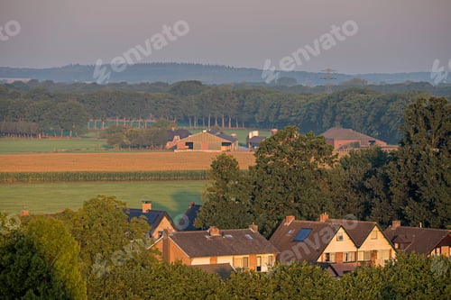 Preview: High Angle View Of Farmland At Edge Of Dutch Rural Village.