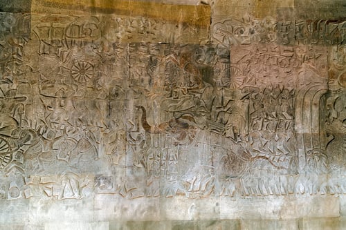 Preview: Khmer Relief Carving Of Gods Fighting Demons. Inner Wall Of The Temple Of Angkor Wat, Siem Reap