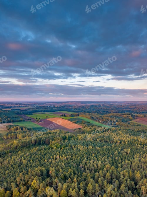 Preview: Beautiful Sunrise With Colorful Sky Over Forest And Meadows Photographed From Drone. Polish Drone