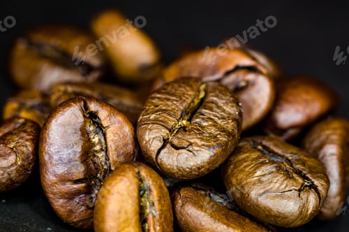 Preview: Brown Roasted Coffee Beans On Black Background, Close Up, Macro