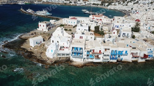 Preview: Aerial Drone Bird'S Eye View Photo Of Iconic Church Of Paraportiani In Little Venice, Chora Of