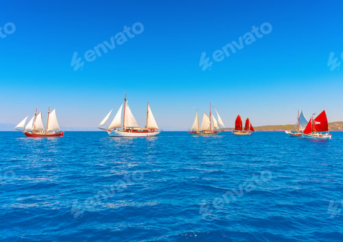 Preview: Several Old Classic Wooden Sailing Boats During A Classic Boats Regatta In Spetses Island In Greece