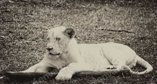 Preview: Vintage Style Black And White Image Of A Young White Lion In Casela Park, Mauritius