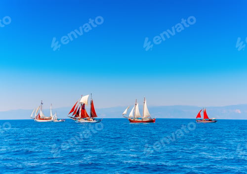 Preview: Several Old Classic Wooden Sailing Boats During A Classic Boats Regatta In Spetses Island In Greece