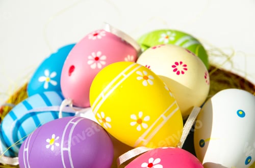 Preview: Colorful Easter Eggs In Basket Isolated
