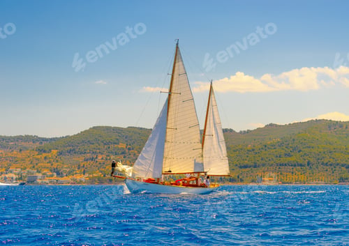 Preview: Classic Wooden Sailing Boat In A Race, Spetses Island In Greece