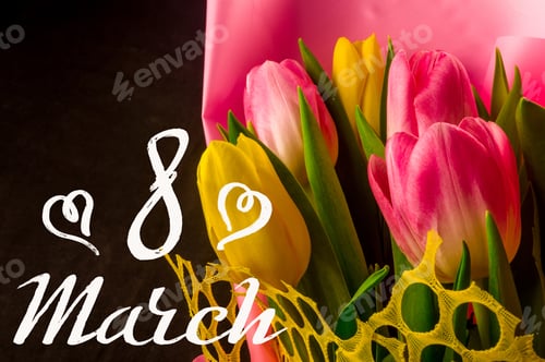 Preview: Holiday Card - A Bouquet Of Fresh Spring Pink And Yellow Tulips, Holiday Greetings, Handwritten