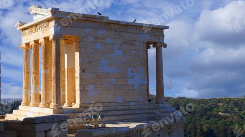Preview: Beautiful Scattered Clouds On Blue Sky And Iconic Temple Of Nike In Propylaia, Acropolis Hill