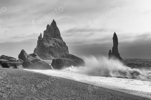 Preview: The Famous Sea Stacks At Vik In Southern Iceland Known As The Trolls. A High Contrast Monochrome