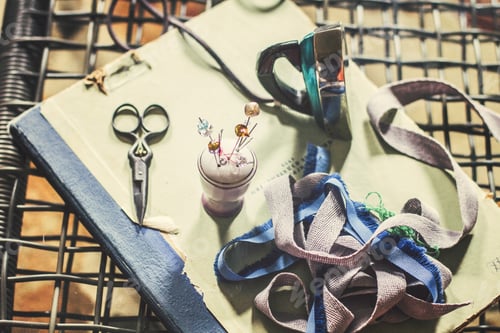 Preview: Tailor'S Kit: Scissors, Braid, Pins. Vintage Style.