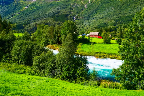 Preview: Norway Landscape With Glacier River And Mountain Waterfalls Near Nordfjord And Rural Houses, Olden