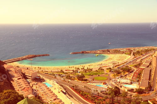 Preview: Amadores Beach Landscape, Gran Canaria, Spain. Tourist Resort Area. Vintage Style Color Tone.
