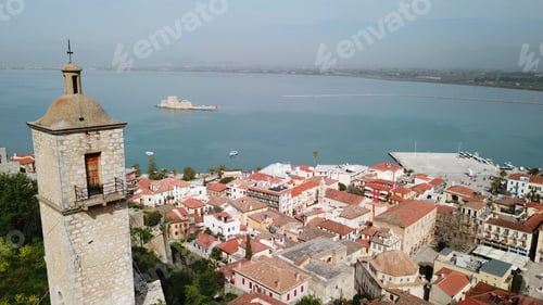 Preview: Aerial Drone Photo From Picturesque And Famous Clock Tower In Fortress Of Acronafplia With Views To
