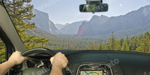 Preview: Driving A Car Towards A Beautiful Green Valley In Yosemite National Park, Usa
