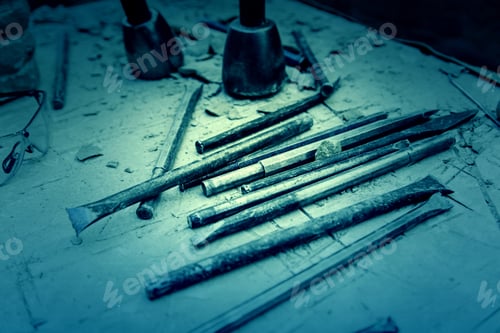 Preview: Old Tools For Stone Carving Handcrafted, Detail Of A Manual Craft