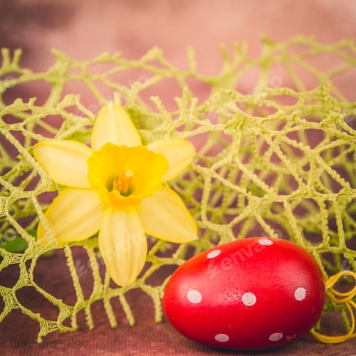 Preview: Red Easter Egg And Flower Decoration Against Dark Brown Background