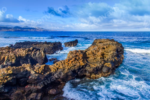Preview: The Picturesque Rock At The Coast Of The Atlantic Ocean Is Washed By Waves