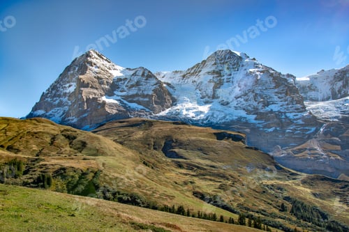 Preview: Colorful Autumn In Swiss Alps And Jungfrau Snow Mountain Peaks Of Jungfraujoch. Switzerland.