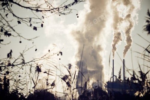 Preview: Smokestacks In A Paper Mill, Zaragoza Province, Spain.